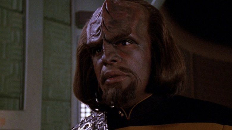 A closeup of Worf in the transporter room on Star Trek