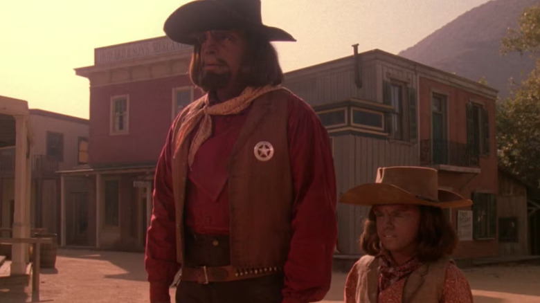 Michael Dorn as Worf and Brian Bonsall as Alexander in a Western holodeck story on Star Trek: The Next Generation