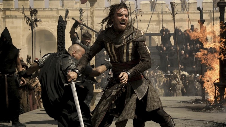 Michael Fassbender is ferocious in combat with a sword as Aguilar de Nerha in Assassin's Creed