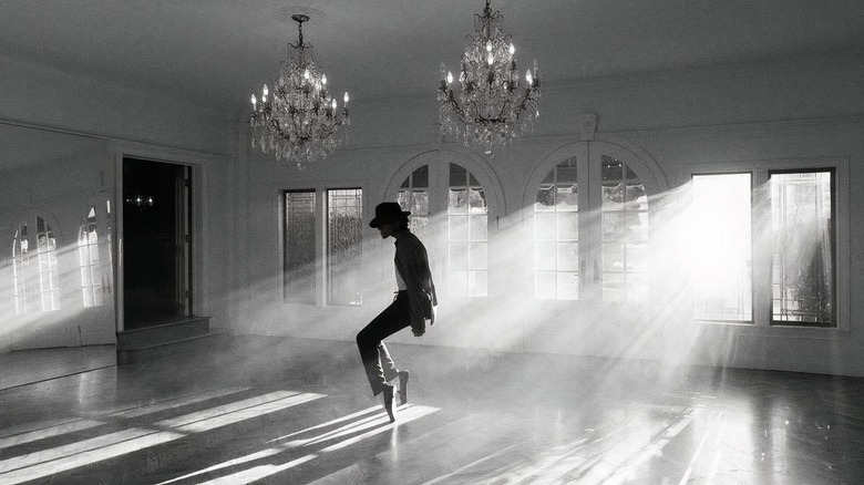 Jaafar Jackson practicing choreographed dancing as Michael Jackson in a behind-the-scenes picture from Michael