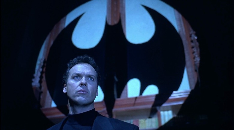 Michael Keaton as Bruce Wayne with Batsignal