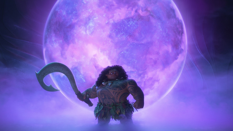 Maui standing in front of a purple moon in Moana 2