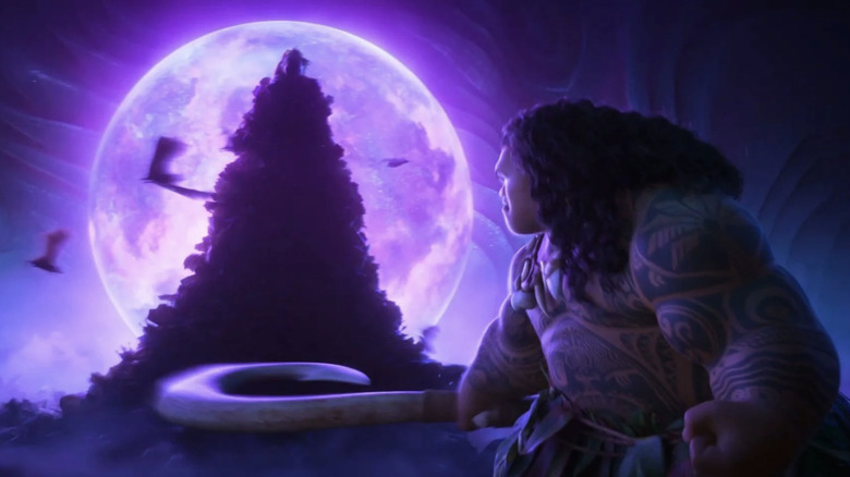 Maui holds his fish hook as he looks back at a mountain of bats in front of a purple moon in Moana 2