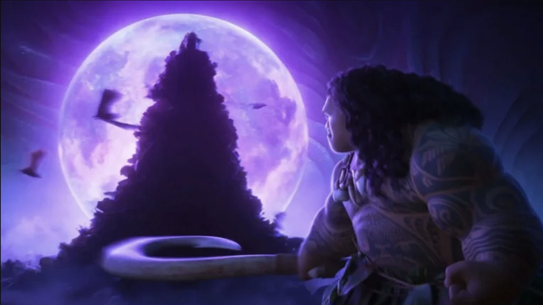 Maui in Moana 2 looking back at a pile of bats with glowing purple light in front of the moon