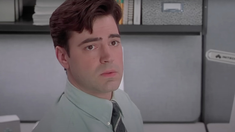 Ron Livingston as Peter Gibbons looks worried in Office Space