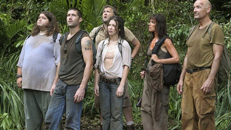 Six characters from the series 'Lost' standing in a line.