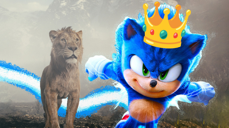 Sonic the Hedgehog wearing a crown and racing past Mufasa the Lion King