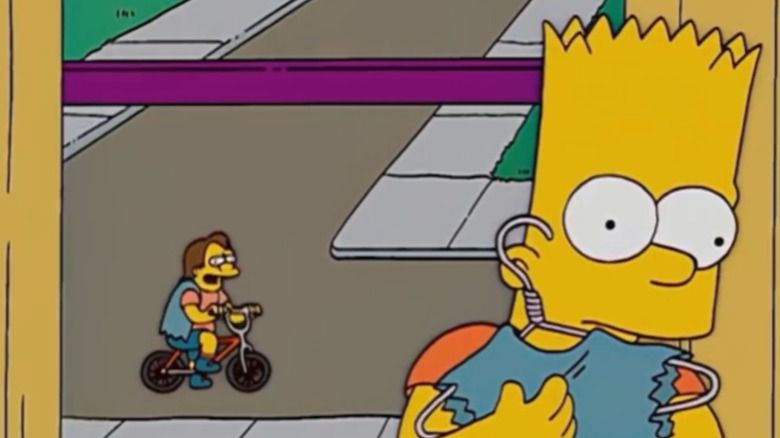 The Simpsons, Nelson laughing at Bart from outside his house