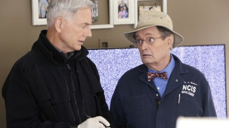 David McCallum in the role of Ducky Mallard shoots a skeptical look at Mark Harmon as Jethro Gibbs in NCIS