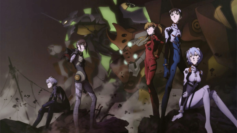 Kaworu, Mari, Asuka, Shinji, and Rei standing together in Evangelion 2.0