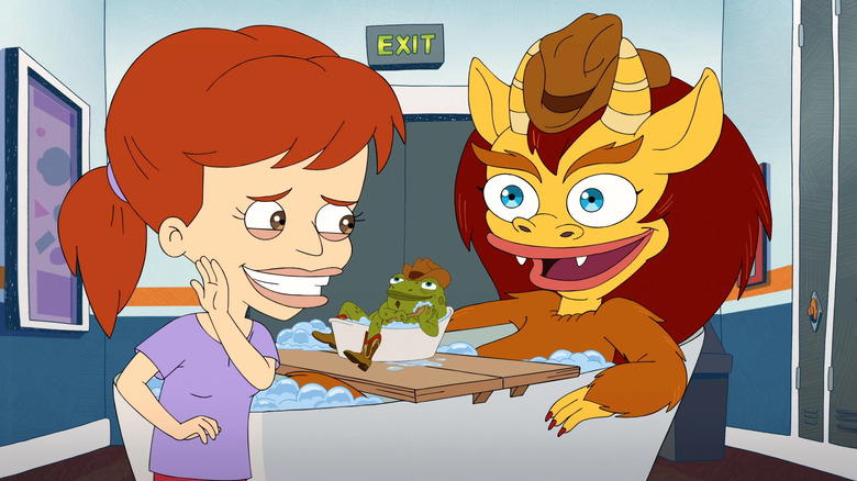 girl from the tv show big mouth talking to a monster in a bathtub with a frog in a smaller bathtub