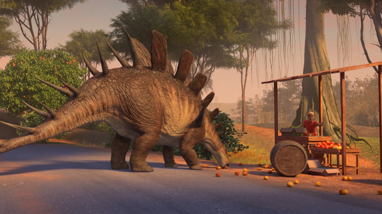 A stegosaurus harasses a street fruit vendor in Jurassic World: Chaos Theory