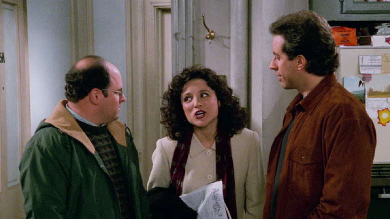 George Costanza (Jason Alexander), Elaine Benes (Julia Louis-Dreyfus) and Jerry Seinfeld