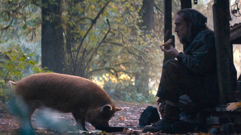 Man and pig eat outside