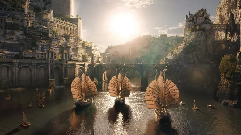 A shot of ships going into the harbor in Númenor in The Lord of the Rings: The Rings of Power