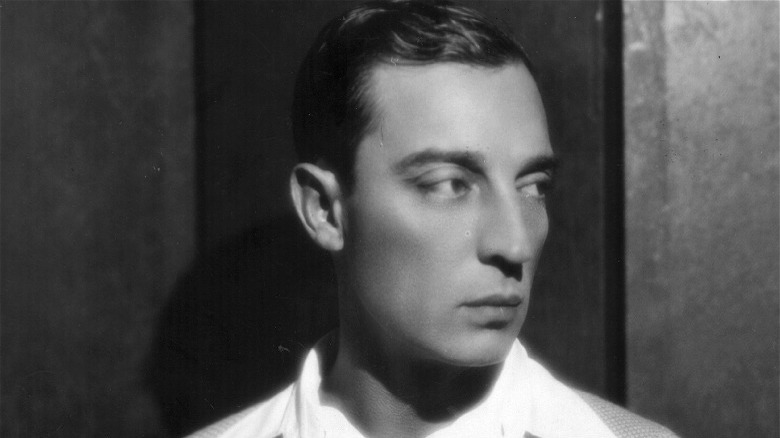 Buster Keaton in black and white soft focus looking to the right