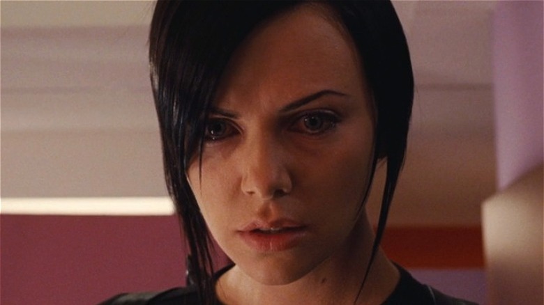 Charlize Theron severe black bangs Æon Flux