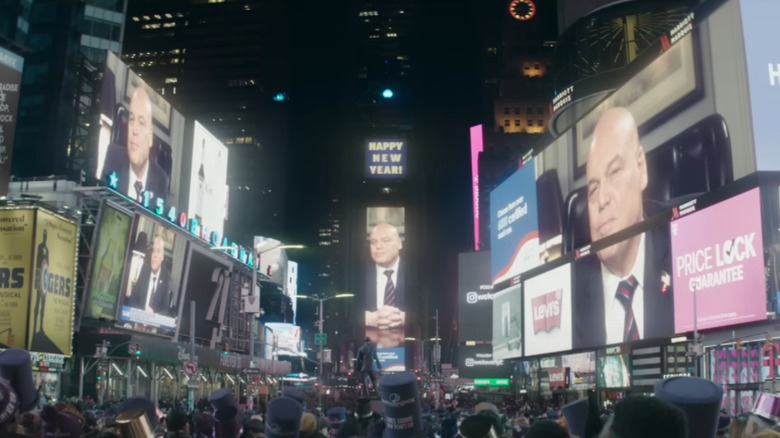 Vincent D'Onofrio as Wilson Fisk delivering a mayoral speech projected at Times Square in Daredevil: Born Again