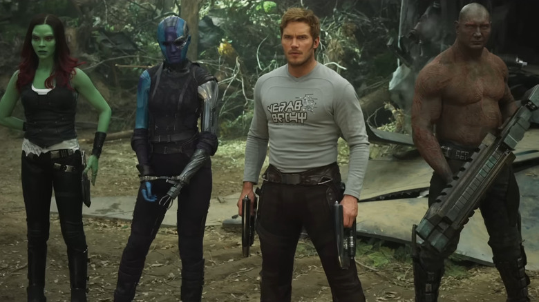 Zoe Saldaña, Karen Gillan, Chris Pratt, and Dave Bautista in Guardians of the Galaxy Vol. 2