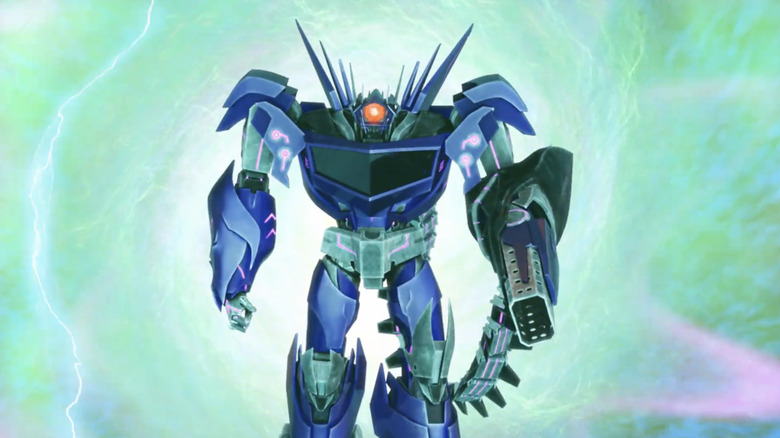 Shockwave in a green Space Bridge vortex in Transformers: Prime