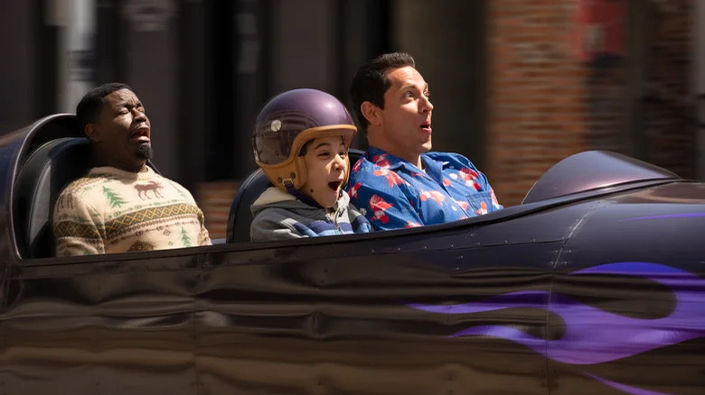 Harold, Mel and Moose on a rocket car going distressingly fast in Harold and the Purple Crayon