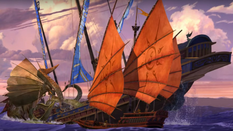 A kraken attacks Sinbad's ship in Sinbad: Legend of the Seven Seas