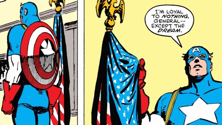 Captain America posing with the U.S. flag saying "I'm loyal to nothing, General -- except the Dream" in Daredevil: Born Again