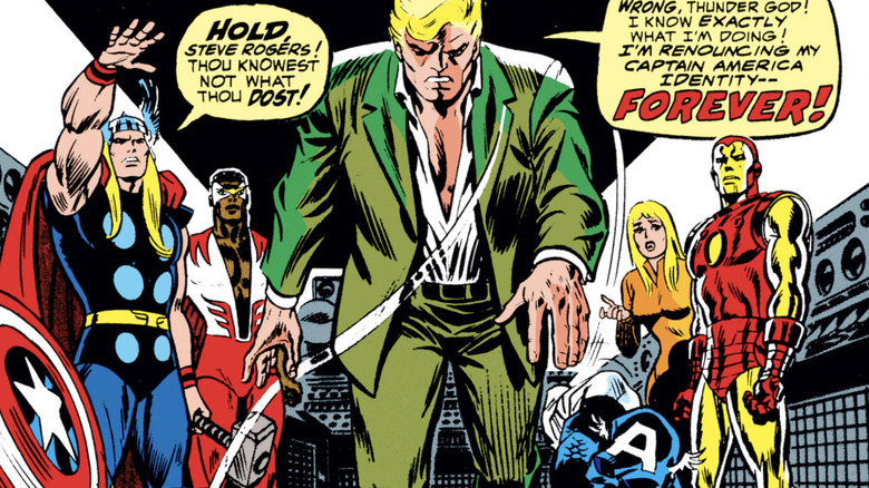 Steve Rogers throwing down his costume as Thor, Falcon, Sharon Carter, and Iron Man look on from the Captain America #176 cover