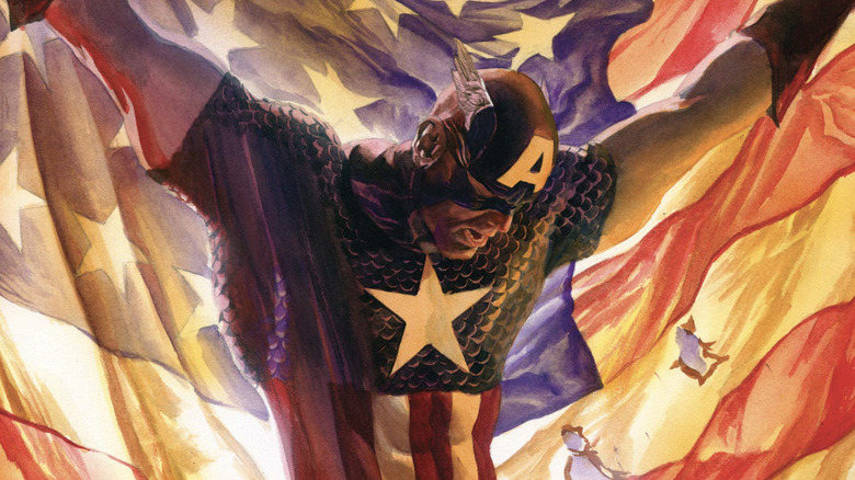 Captain America holding up American flag, drawn by Alex Ross