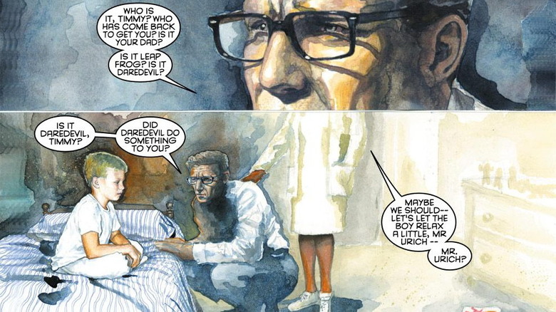 Watercolor interior art from Daredevil: Wake Up featuring Ben Urich talking to a child named Timmy