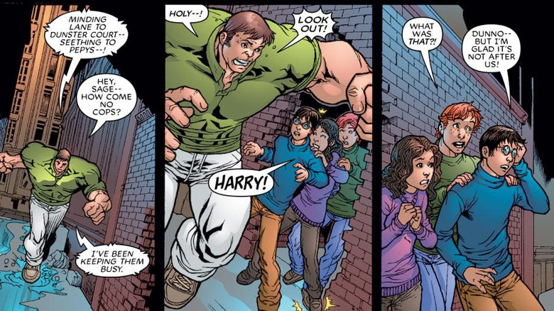 Panels from New Excalibur #3 that show Juggernaut running into Harry Potter, Hermoine, and Ron