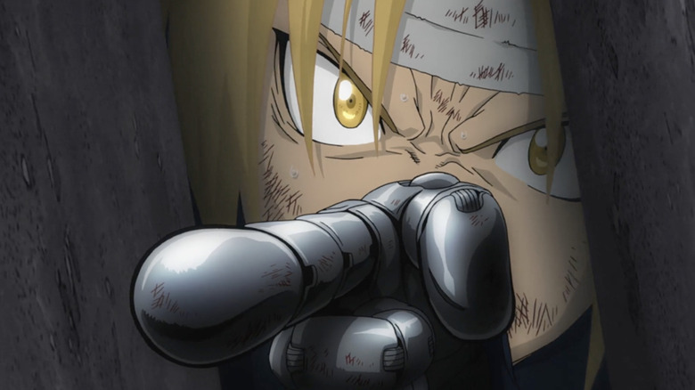 Edward Elric pointing his finger through the Gate of Truth, promising to save his brother, in Fullmetal Alchemist