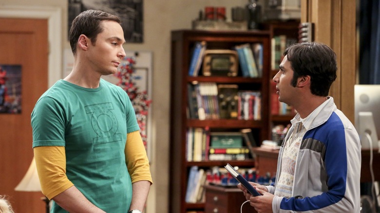 Sheldon and Raj talking in the living room on The Big Bang Theory