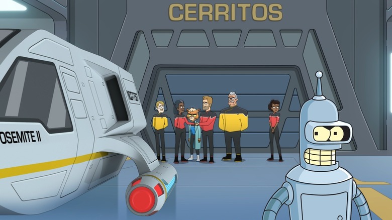 The crew of the U.S.S. Cerritos in a shuttlebay. Bender from Futurama stands in the foreground.