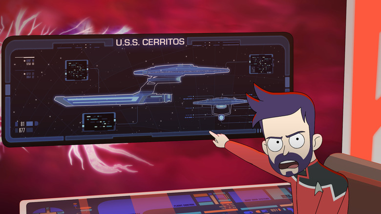 Boimler, on the bridge of the U.S.S. Cerritos, angrily pointing to a diagram of the ship on the viewscreen.