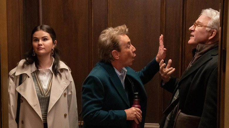 Only Murders in the Building's Selena Gomez, Martin Short, and Steve Martin in an elevator