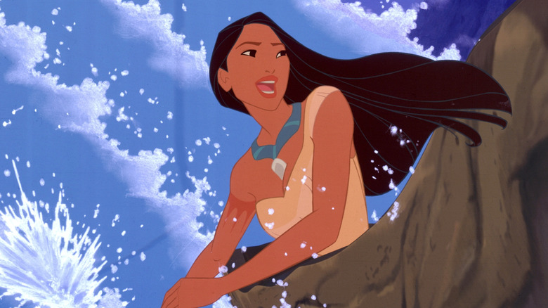 Pocahontas singing while canoeing down river in "Pocahontas"