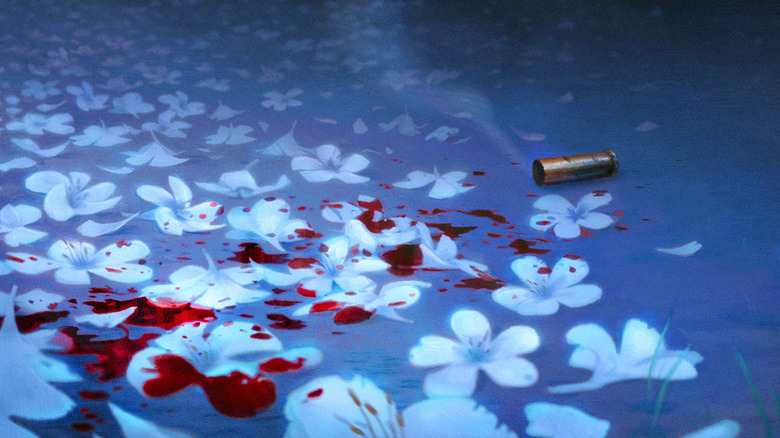 A smoking bullet, and blood splatter flowers in The Night Gardener