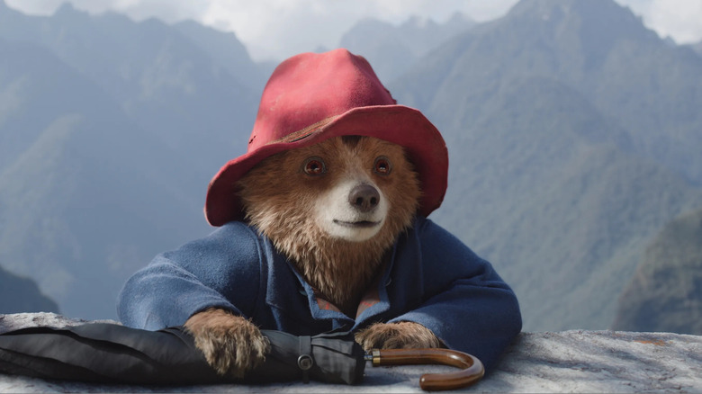 Paddington holds an umbrella in the mountains in Paddington in Peru