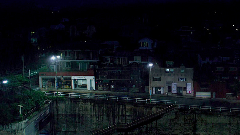 A shot of the descent to the Kim's basement apartment in Parasite