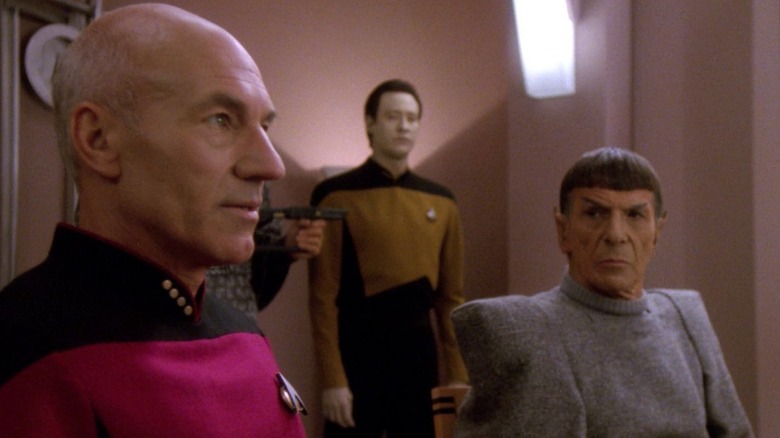 Patrick Stewart, Brent Spiner, and Leonard Nimoy in Star Trek: The Next Generation