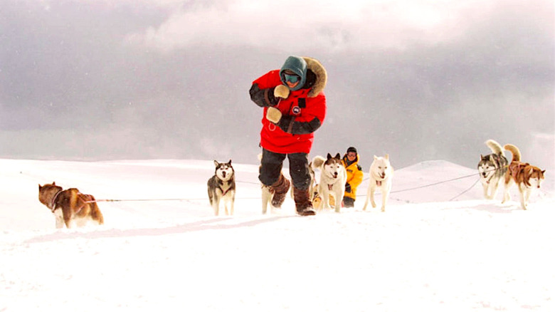 Paul Walker walks through the snow with his team of sled dogs in Eight Below