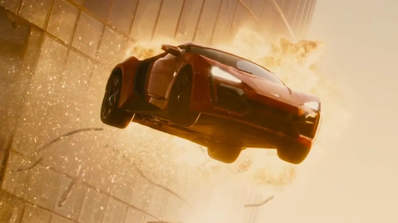 Furious 7, car flying through buildings