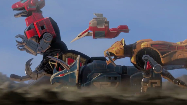 The Dino Zords running in Mighty Morphin Power Rangers