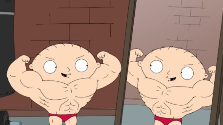 Stewie Griffin flexing in mirror