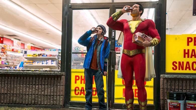 Shazam and Freddie shotgunning sodas