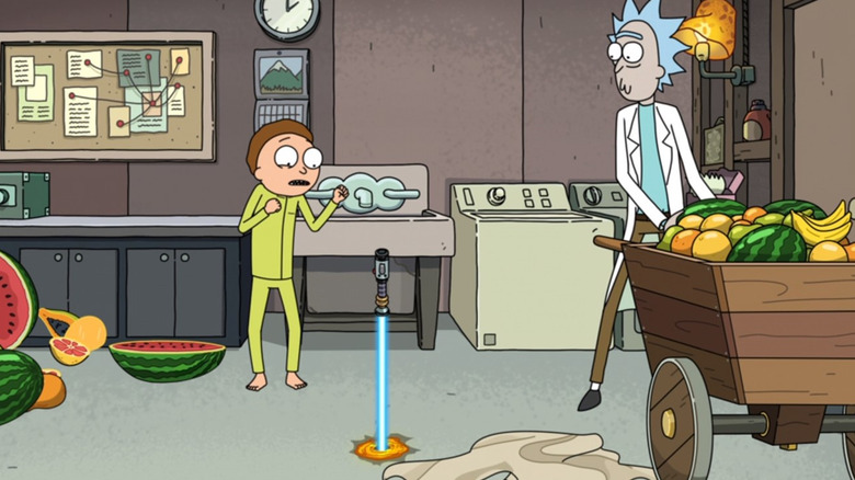 Rick and Morty lightsaber going into the ground