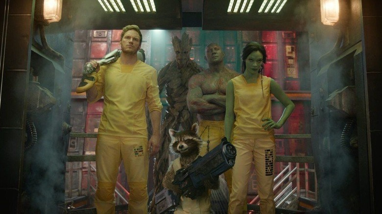 Chris Pratt, Zoe Saldana, and Dave Bautista in Guardians of the Galaxy Volume 1 