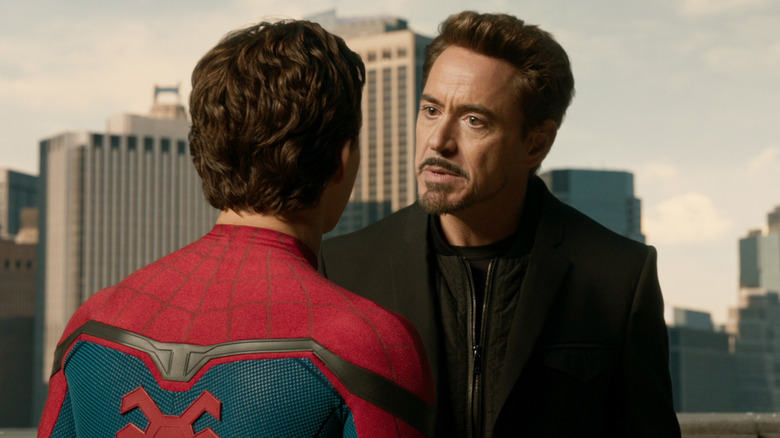 Tony Stark talking to Peter Parker in Spider-Man: Homecoming