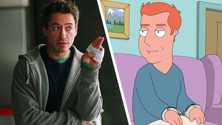 Robert Downey Jr. como Harry Lockhart em Kiss Kiss Bang Bang ao lado de seu personagem Patrick de Family Guy